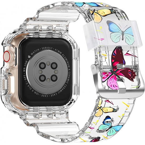 Crystal Clear Watch Bands for Apple Watch Series 8 7 6 5 4 3 2 1 SE 45mm 44mm 42mm 41mm 40mm 38mm with Bumper Case for Men Women