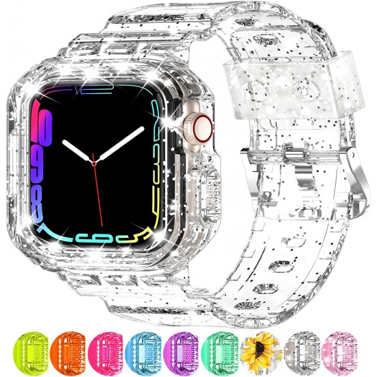 Crystal Clear Watch Bands for Apple Watch Series 8 7 6 5 4 3 2 1 SE 45mm 44mm 42mm 41mm 40mm 38mm with Bumper Case for Men Women