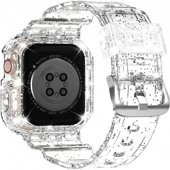 Crystal Clear Watch Bands for Apple Watch Series 8 7 6 5 4 3 2 1 SE 45mm 44mm 42mm 41mm 40mm 38mm with Bumper Case for Men Women