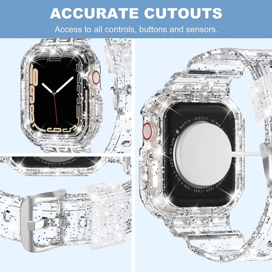 Crystal Clear Watch Bands for Apple Watch Series 8 7 6 5 4 3 2 1 SE 45mm 44mm 42mm 41mm 40mm 38mm with Bumper Case for Men Women