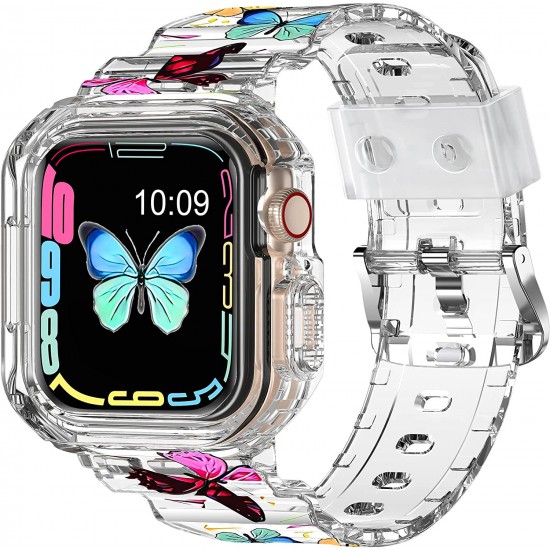 Crystal Clear Watch Bands for Apple Watch Series 8 7 6 5 4 3 2 1 SE 45mm 44mm 42mm 41mm 40mm 38mm with Bumper Case for Men Women