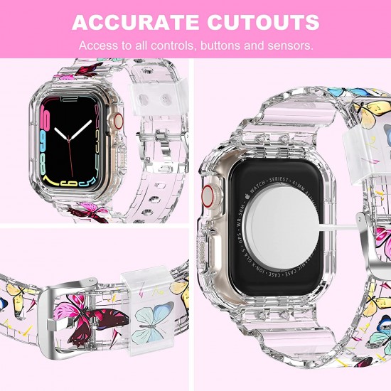 Crystal Clear Watch Bands for Apple Watch Series 8 7 6 5 4 3 2 1 SE 45mm 44mm 42mm 41mm 40mm 38mm with Bumper Case for Men Women