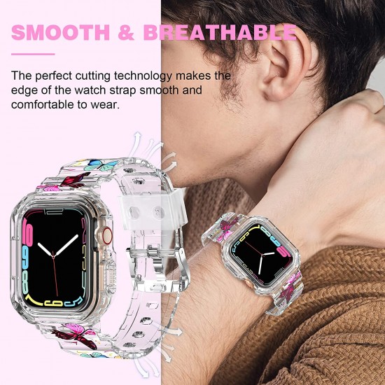 Crystal Clear Watch Bands for Apple Watch Series 8 7 6 5 4 3 2 1 SE 45mm 44mm 42mm 41mm 40mm 38mm with Bumper Case for Men Women