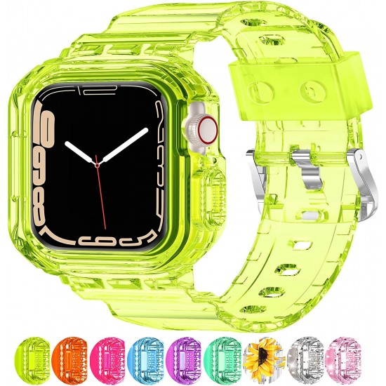 Crystal Clear Watch Bands for Apple Watch Series 8 7 6 5 4 3 2 1 SE 45mm 44mm 42mm 41mm 40mm 38mm with Bumper Case for Men Women