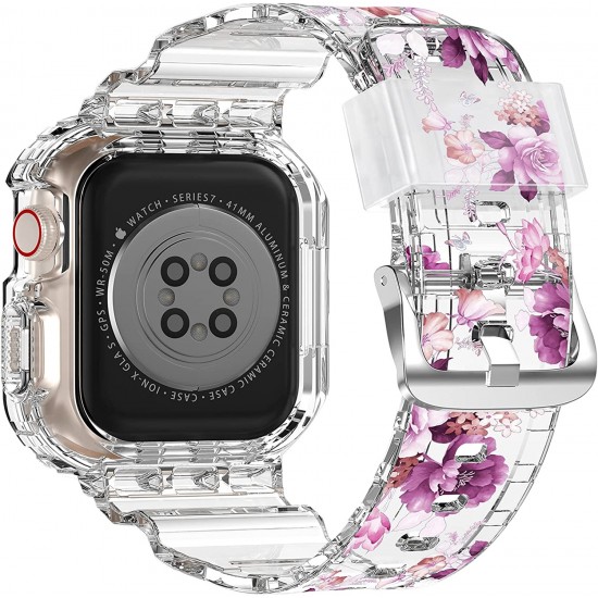 Crystal Clear Watch Bands for Apple Watch Series 8 7 6 5 4 3 2 1 SE 45mm 44mm 42mm 41mm 40mm 38mm with Bumper Case for Men Women