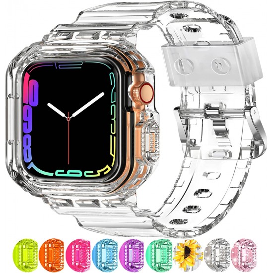 Crystal Clear Watch Bands for Apple Watch Series 8 7 6 5 4 3 2 1 SE 45mm 44mm 42mm 41mm 40mm 38mm with Bumper Case for Men Women