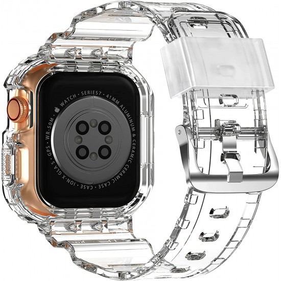 Crystal Clear Watch Bands for Apple Watch Series 8 7 6 5 4 3 2 1 SE 45mm 44mm 42mm 41mm 40mm 38mm with Bumper Case for Men Women