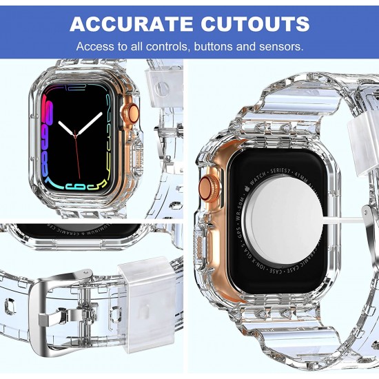 Crystal Clear Watch Bands for Apple Watch Series 8 7 6 5 4 3 2 1 SE 45mm 44mm 42mm 41mm 40mm 38mm with Bumper Case for Men Women