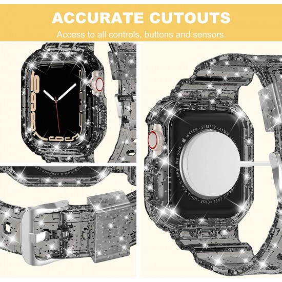 Crystal Clear Watch Bands for Apple Watch Series 8 7 6 5 4 3 2 1 SE 45mm 44mm 42mm 41mm 40mm 38mm with Bumper Case for Men Women