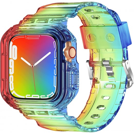 Crystal Clear Watch Bands for Apple Watch Series 8 7 6 5 4 3 2 1 SE 45mm 44mm 42mm 41mm 40mm 38mm with Bumper Case for Men Women