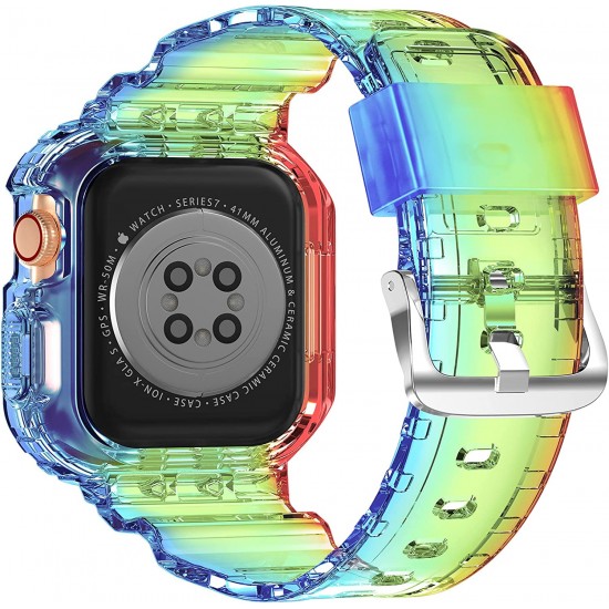 Crystal Clear Watch Bands for Apple Watch Series 8 7 6 5 4 3 2 1 SE 45mm 44mm 42mm 41mm 40mm 38mm with Bumper Case for Men Women