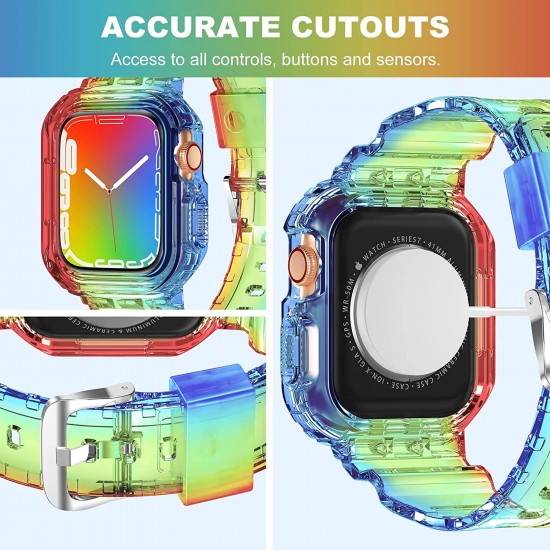 Crystal Clear Watch Bands for Apple Watch Series 8 7 6 5 4 3 2 1 SE 45mm 44mm 42mm 41mm 40mm 38mm with Bumper Case for Men Women
