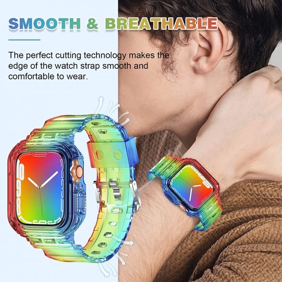 Crystal Clear Watch Bands for Apple Watch Series 8 7 6 5 4 3 2 1 SE 45mm 44mm 42mm 41mm 40mm 38mm with Bumper Case for Men Women