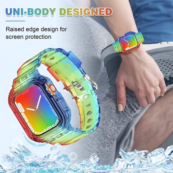 Crystal Clear Watch Bands for Apple Watch Series 8 7 6 5 4 3 2 1 SE 45mm 44mm 42mm 41mm 40mm 38mm with Bumper Case for Men Women