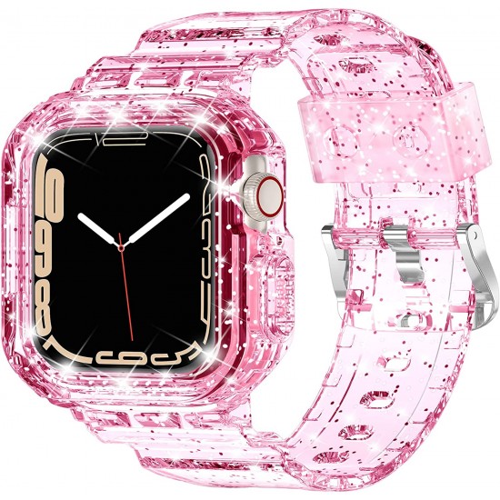 Crystal Clear Watch Bands for Apple Watch Series 8 7 6 5 4 3 2 1 SE 45mm 44mm 42mm 41mm 40mm 38mm with Bumper Case for Men Women