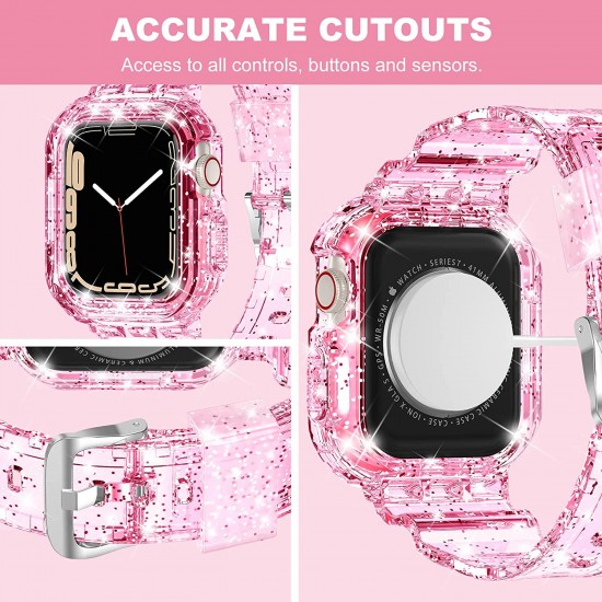 Crystal Clear Watch Bands for Apple Watch Series 8 7 6 5 4 3 2 1 SE 45mm 44mm 42mm 41mm 40mm 38mm with Bumper Case for Men Women