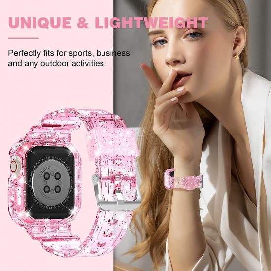 Crystal Clear Watch Bands for Apple Watch Series 8 7 6 5 4 3 2 1 SE 45mm 44mm 42mm 41mm 40mm 38mm with Bumper Case for Men Women