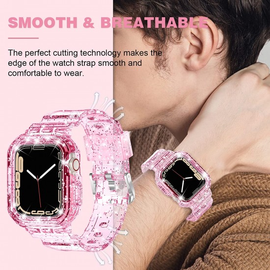Crystal Clear Watch Bands for Apple Watch Series 8 7 6 5 4 3 2 1 SE 45mm 44mm 42mm 41mm 40mm 38mm with Bumper Case for Men Women