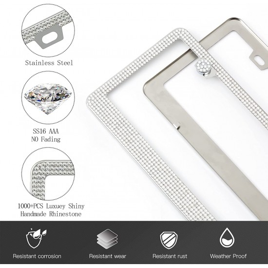 Bling License Plate Frame for Women,2 Pack Premium Stainless Steel Rhinestone License Plate Holder,Handmade Glitter Crystal Diamond Lincense Plate Cover for Girl Bling License Plate Frame for Women,2 Pack Premium Stainless Steel Rhinestone License Plate Holder,Handmade Glitter Crystal Diamond Lincense Plate Cover for Girl