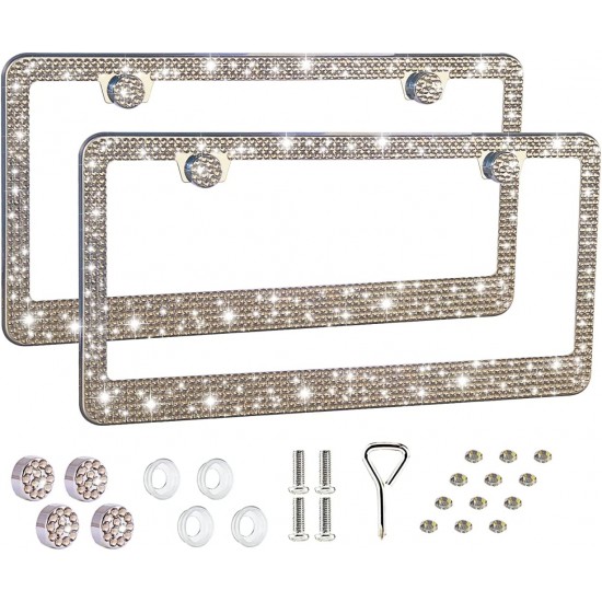 Bling License Plate Frame for Women,2 Pack Premium Stainless Steel Rhinestone License Plate Holder,Handmade Glitter Crystal Diamond Lincense Plate Cover for Girl Bling License Plate Frame for Women,2 Pack Premium Stainless Steel Rhinestone License Plate Holder,Handmade Glitter Crystal Diamond Lincense Plate Cover for Girl