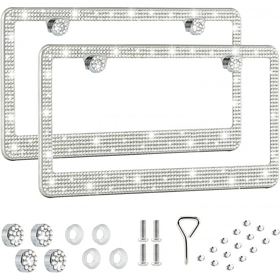 Bling License Plate Frame for Women,2 Pack Premium Stainless Steel Rhinestone License Plate Holder,Handmade Glitter Crystal Diamond Lincense Plate Cover for Girl Bling License Plate Frame for Women,2 Pack Premium Stainless Steel Rhinestone License Plate Holder,Handmade Glitter Crystal Diamond Lincense Plate Cover for Girl