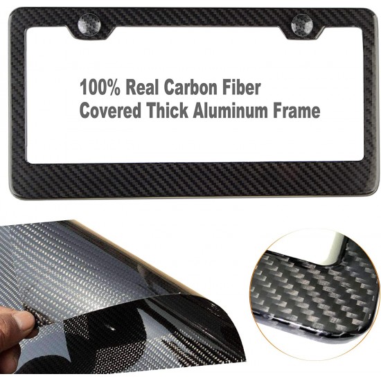 Carbon Fiber License Plate Frame- 100% Handcrafted Real Carbon Fiber Cloth Wrap Holder, Wide Edge Black Aluminum Car Tag Cover with Stainless Steel Screws Caps