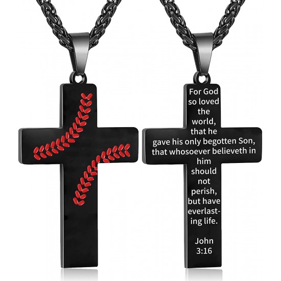 Baseball Cross Necklace for Boys Men, Stainless Steel Cross Pendant Chain 24 Inches, Inspirational Bible Verse Quote Religious Gift