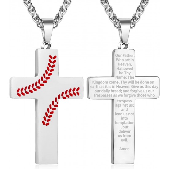 Baseball Cross Necklace for Boys Men, Stainless Steel Cross Pendant Chain 24 Inches, Inspirational Bible Verse Quote Religious Gift