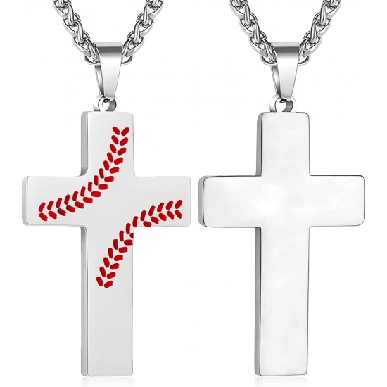 Baseball Cross Necklace for Boys Men, Stainless Steel Cross Pendant Chain 24 Inches, Inspirational Bible Verse Quote Religious Gift