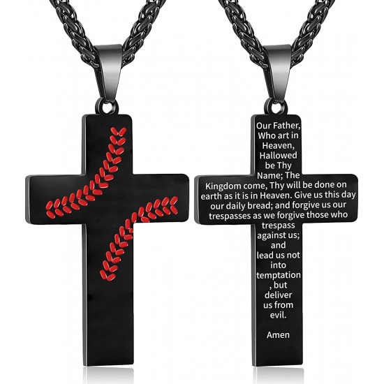 Baseball Cross Necklace for Boys Men, Stainless Steel Cross Pendant Chain 24 Inches, Inspirational Bible Verse Quote Religious Gift