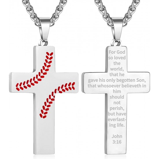 Baseball Cross Necklace for Boys Men, Stainless Steel Cross Pendant Chain 24 Inches, Inspirational Bible Verse Quote Religious Gift