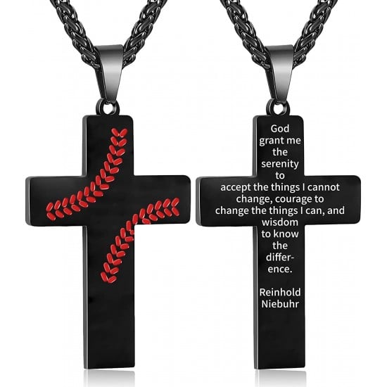 Baseball Cross Necklace for Boys Men, Stainless Steel Cross Pendant Chain 24 Inches, Inspirational Bible Verse Quote Religious Gift