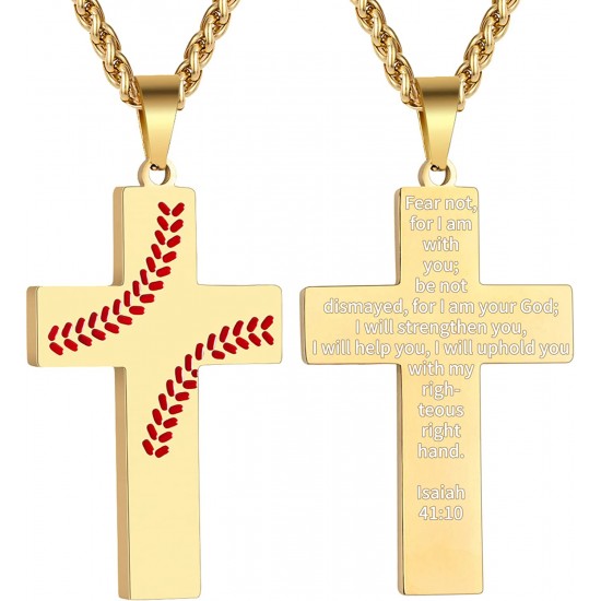 Baseball Cross Necklace for Boys Men, Stainless Steel Cross Pendant Chain 24 Inches, Inspirational Bible Verse Quote Religious Gift