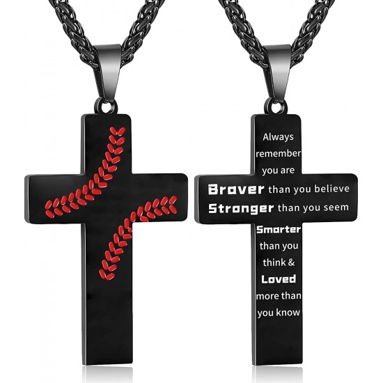 Baseball Cross Necklace for Boys Men, Stainless Steel Cross Pendant Chain 24 Inches, Inspirational Bible Verse Quote Religious Gift