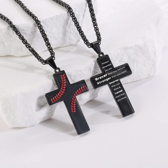 Baseball Cross Necklace for Boys Men, Stainless Steel Cross Pendant Chain 24 Inches, Inspirational Bible Verse Quote Religious Gift