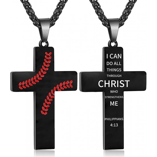 Baseball Cross Necklace for Boys Men, Stainless Steel Cross Pendant Chain 24 Inches, Inspirational Bible Verse Quote Religious Gift