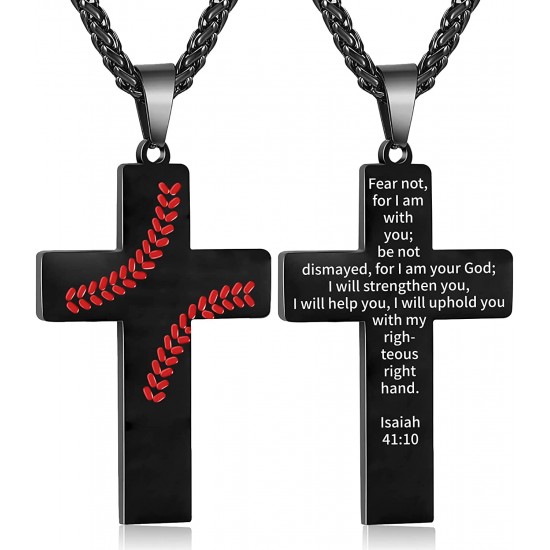 Baseball Cross Necklace for Boys Men, Stainless Steel Cross Pendant Chain 24 Inches, Inspirational Bible Verse Quote Religious Gift