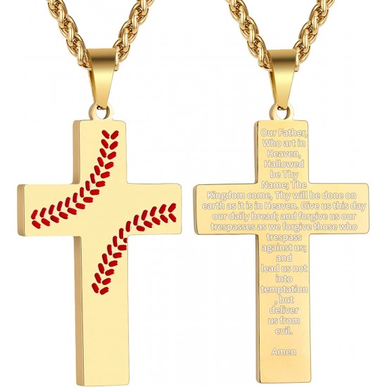 Baseball Cross Necklace for Boys Men, Stainless Steel Cross Pendant Chain 24 Inches, Inspirational Bible Verse Quote Religious Gift