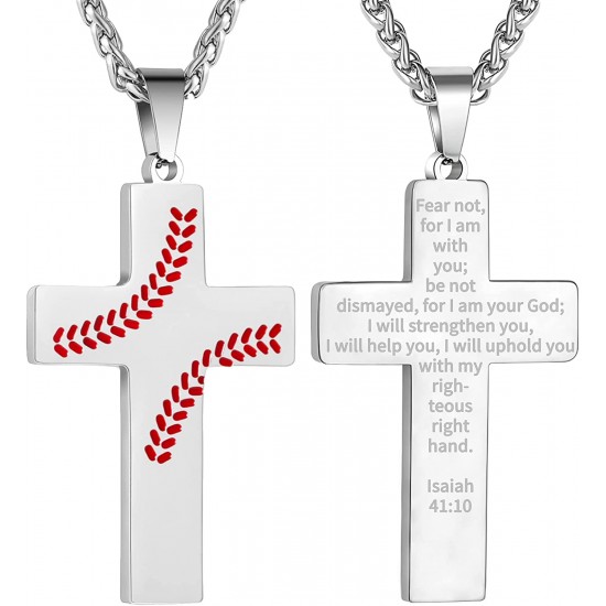 Baseball Cross Necklace for Boys Men, Stainless Steel Cross Pendant Chain 24 Inches, Inspirational Bible Verse Quote Religious Gift