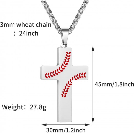 Baseball Cross Necklace for Boys Men, Stainless Steel Cross Pendant Chain 24 Inches, Inspirational Bible Verse Quote Religious Gift