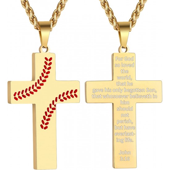 Baseball Cross Necklace for Boys Men, Stainless Steel Cross Pendant Chain 24 Inches, Inspirational Bible Verse Quote Religious Gift