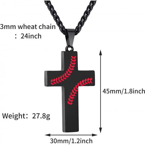 Baseball Cross Necklace for Boys Men, Stainless Steel Cross Pendant Chain 24 Inches, Inspirational Bible Verse Quote Religious Gift