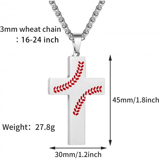 Baseball Cross Necklace for Boys Men, Stainless Steel Cross Pendant Chain 24 Inches, Inspirational Bible Verse Quote Religious Gift