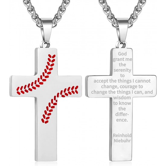 Baseball Cross Necklace for Boys Men, Stainless Steel Cross Pendant Chain 24 Inches, Inspirational Bible Verse Quote Religious Gift