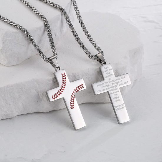 Baseball Cross Necklace for Boys Men, Stainless Steel Cross Pendant Chain 24 Inches, Inspirational Bible Verse Quote Religious Gift