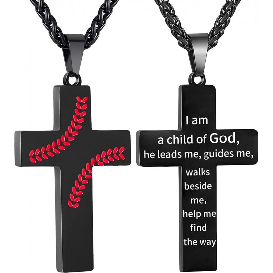 Baseball Cross Necklace for Boys Men, Stainless Steel Cross Pendant Chain 24 Inches, Inspirational Bible Verse Quote Religious Gift