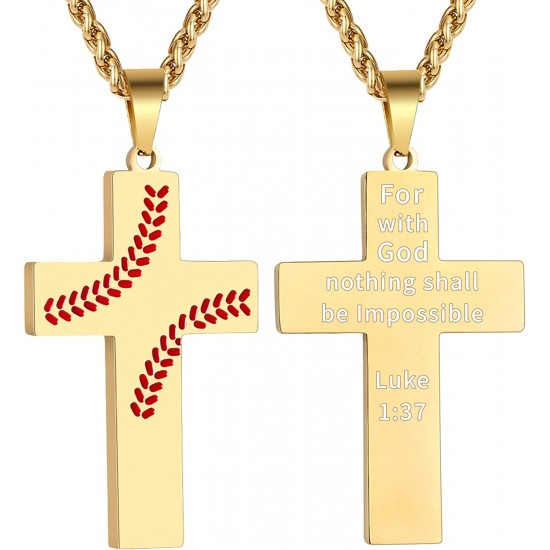 Baseball Cross Necklace for Boys Men, Stainless Steel Cross Pendant Chain 24 Inches, Inspirational Bible Verse Quote Religious Gift