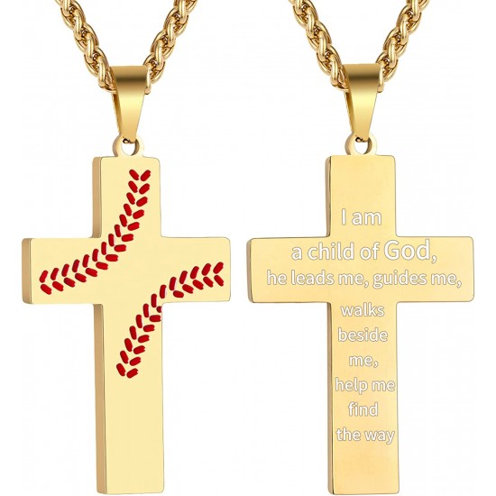 Baseball Cross Necklace for Boys Men, Stainless Steel Cross Pendant Chain 24 Inches, Inspirational Bible Verse Quote Religious Gift