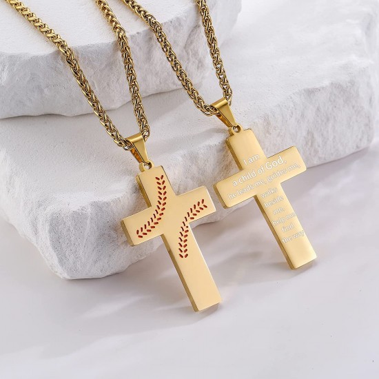 Baseball Cross Necklace for Boys Men, Stainless Steel Cross Pendant Chain 24 Inches, Inspirational Bible Verse Quote Religious Gift