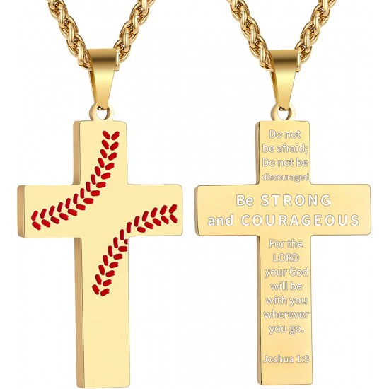 Baseball Cross Necklace for Boys Men, Stainless Steel Cross Pendant Chain 24 Inches, Inspirational Bible Verse Quote Religious Gift